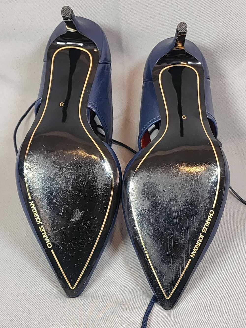 Charles Jourdan India Pump Navy Pointed Lace-Up Heels with Red Interior - Picture 9 of 13